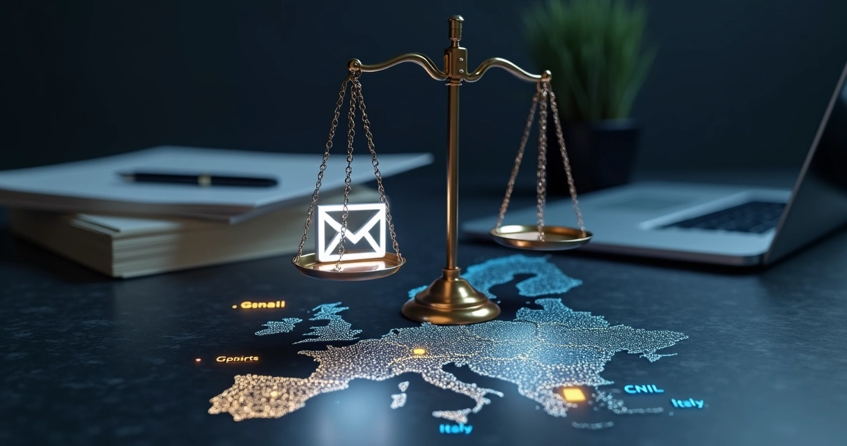 Scales of justice balancing email icons and tracking pixels over map of France and Italy 