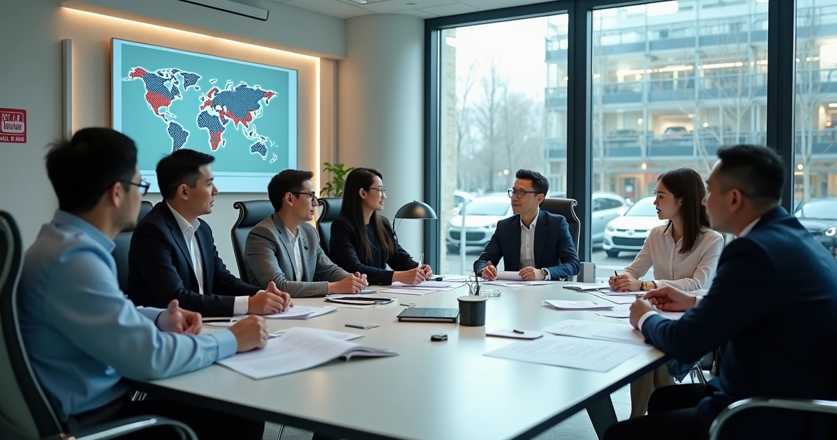 Business team in a modern office with electric cars visible outside the window