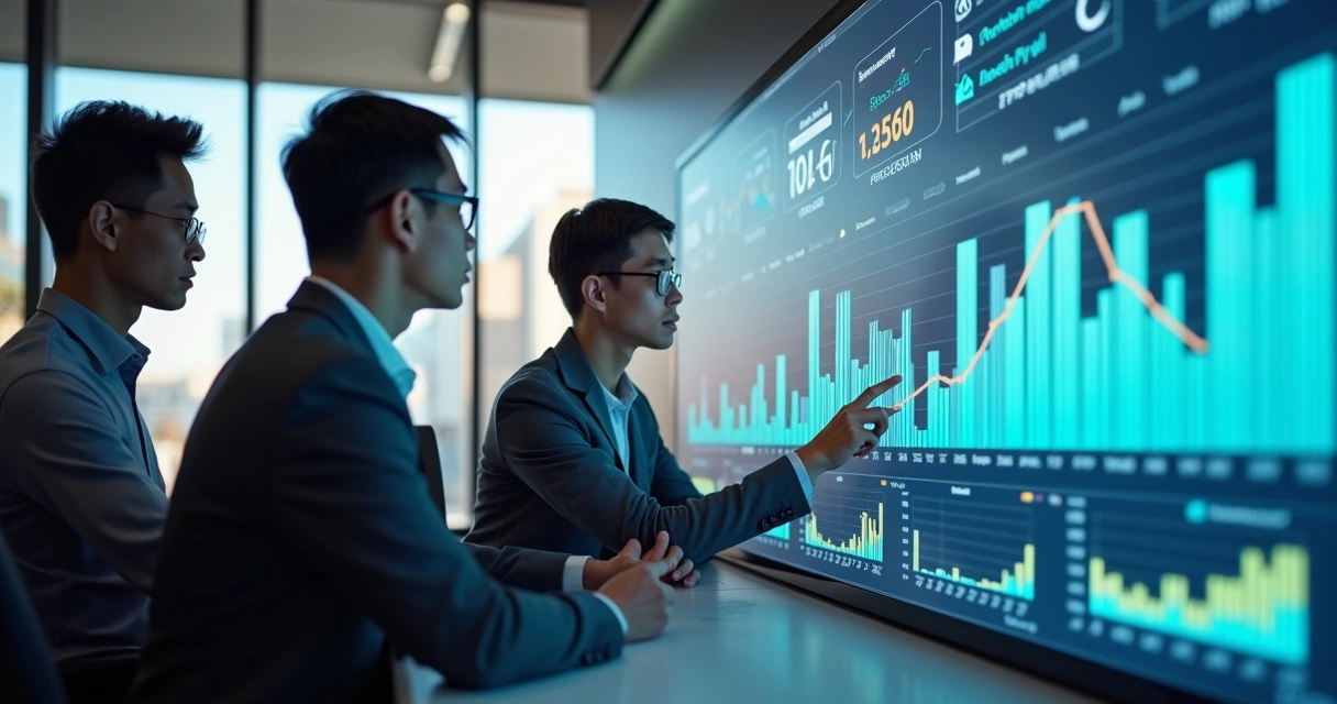 Payroll software dashboard with euro figures, Chinese and European managers reviewing