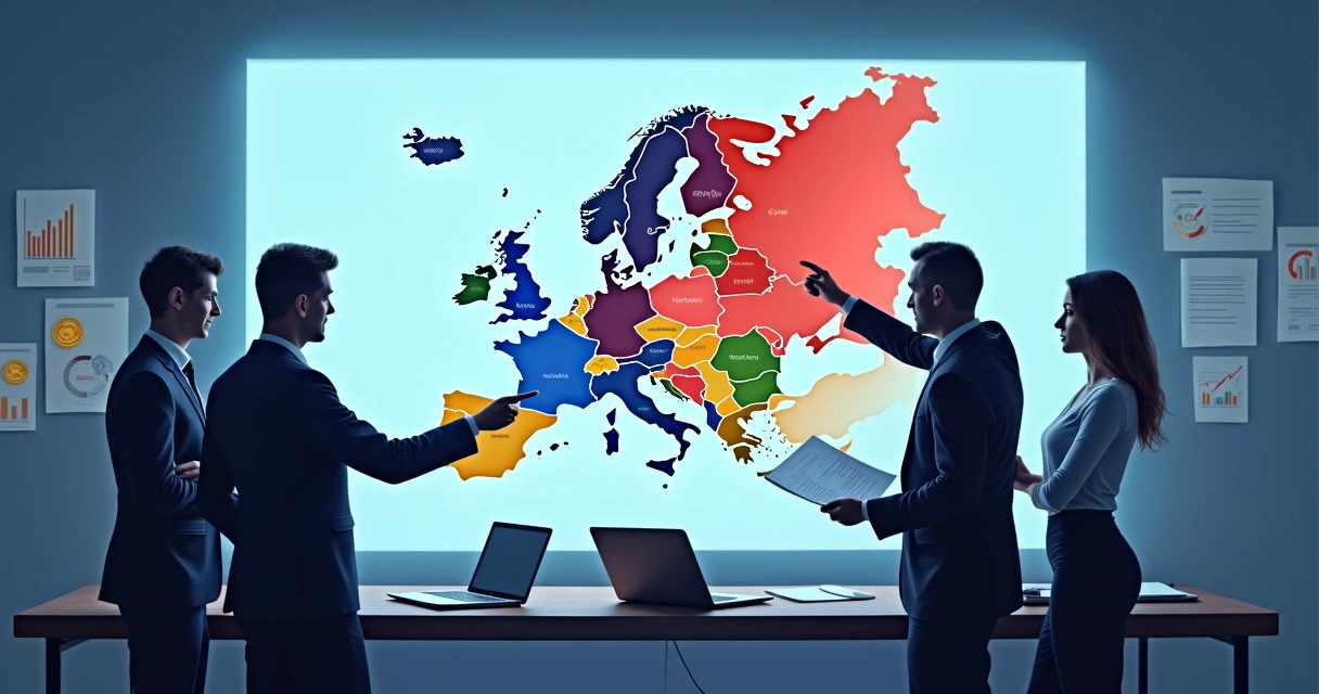 Graphic showing diverse business people analyzing European audience map 
