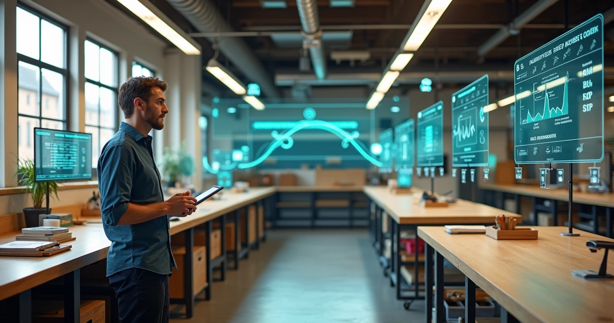 European SME owner in workshop-style lab overseeing automated workflows 
