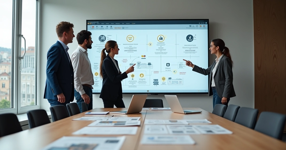 Business team in a European office reviewing an automation dashboard on a large screen 