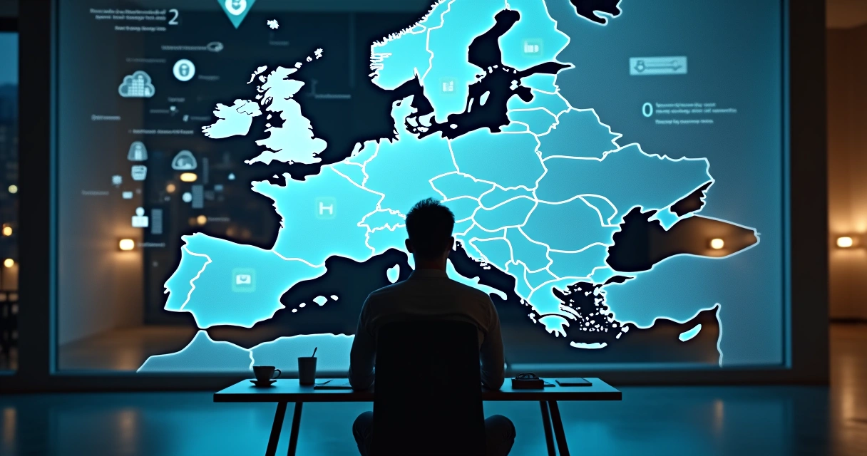 European SME owner viewing a large digital map of EU tech and regulation icons 