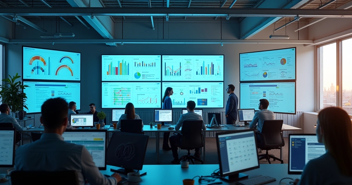 Multiple SME staff at long desks using computers with large screens displaying dashboards and charts 