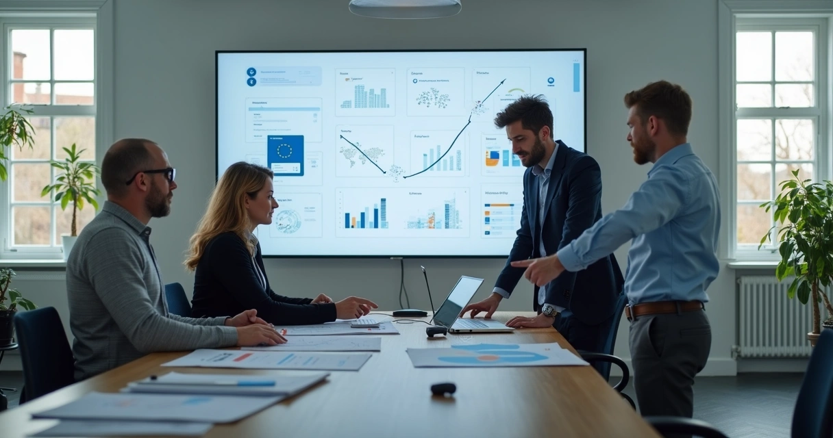 European SME team reviewing automation dashboard on large screen 