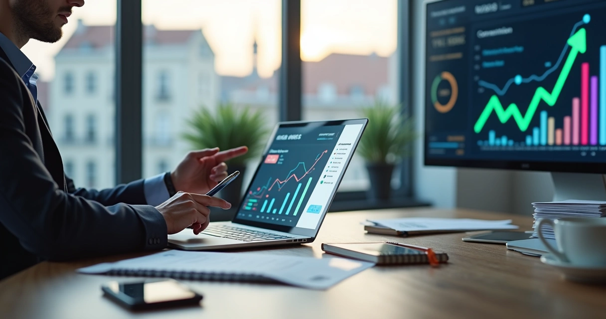 Marketing manager reviewing ROAS dashboard for a European SME 