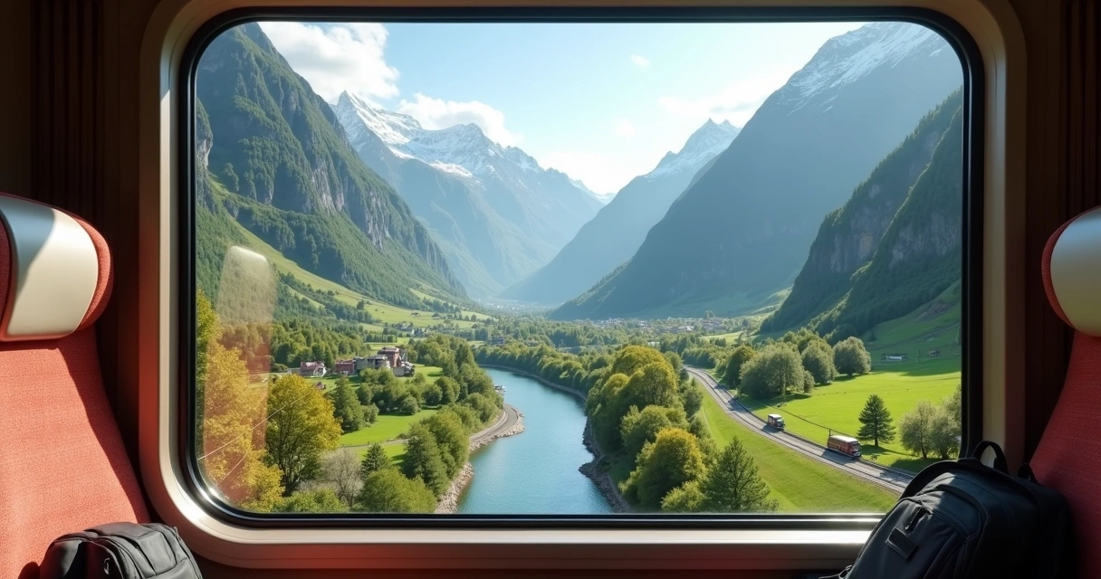 Landscape view from inside a European train with mountains