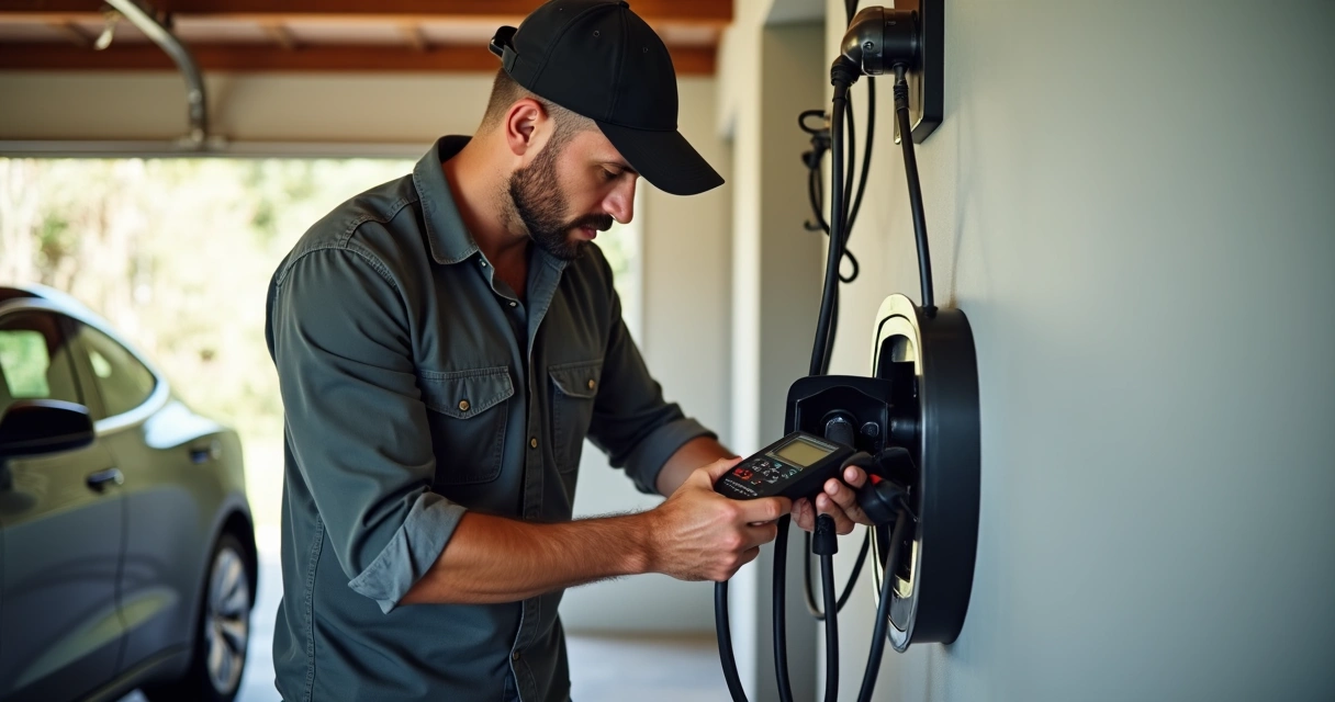 Professional testing EV charger outlet in Florida garage 