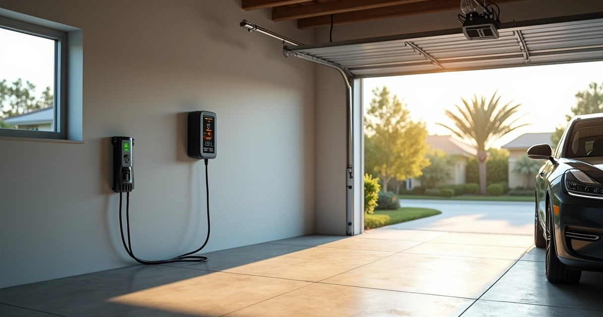 Level 2 EV charger plugged in garage wall 