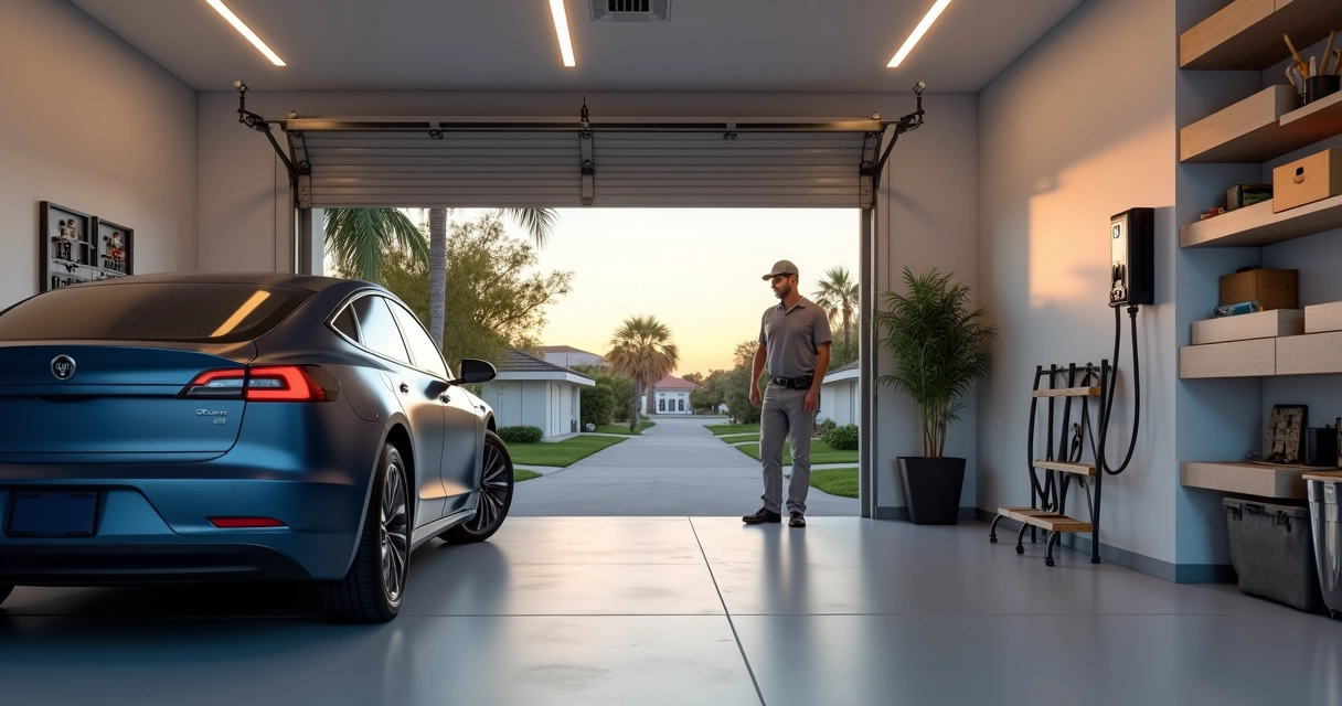 Electric vehicle charging at wall outlet in tidy Florida garage 