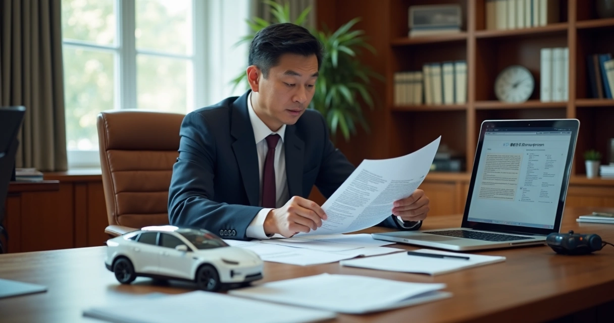 Manager reviewing legal documents with European law books and EV model cars on desk