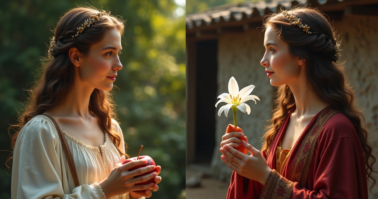 Eva com a maçã e Maria com uma flor, cenas lado a lado contrastando escolhas 