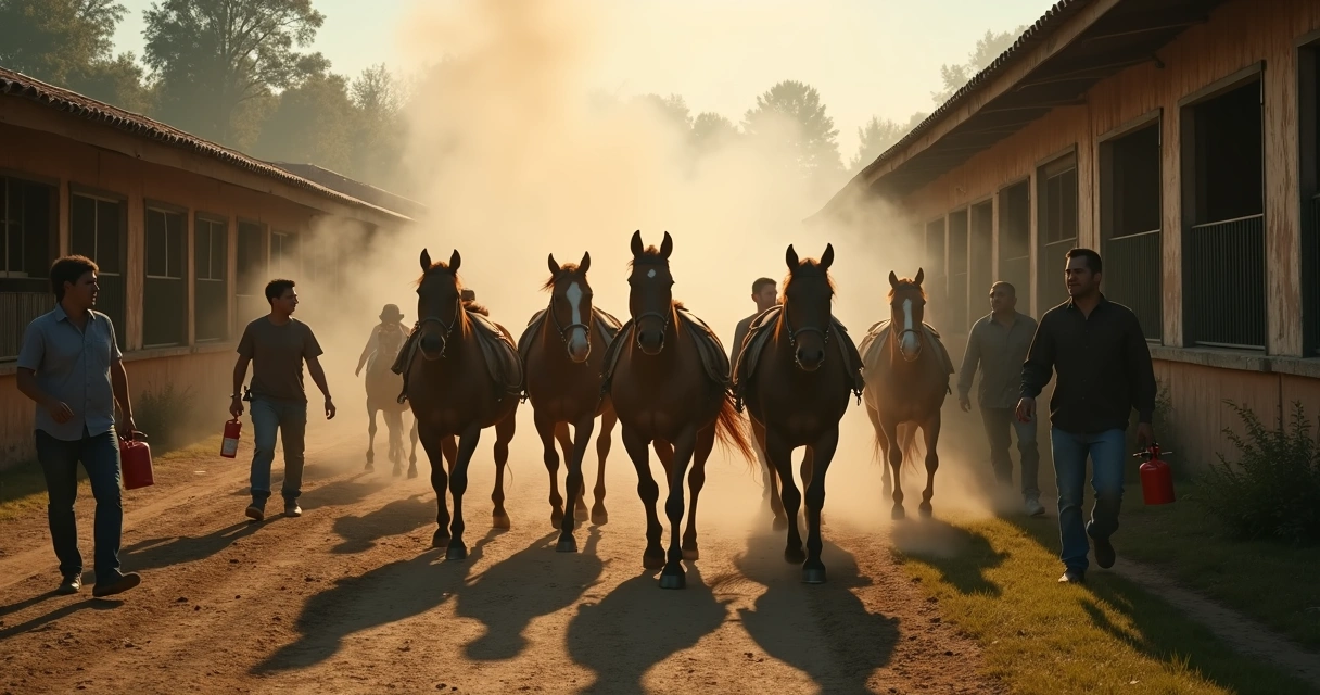 Evacuação de cavalos de cocheira com fumaça ao fundo 