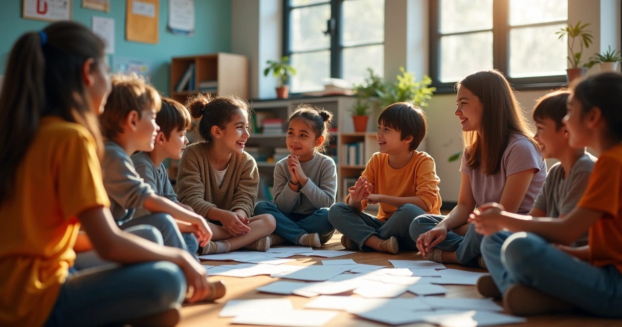 Grupo de estudiantes y docentes colaborando en una actividad en aula 