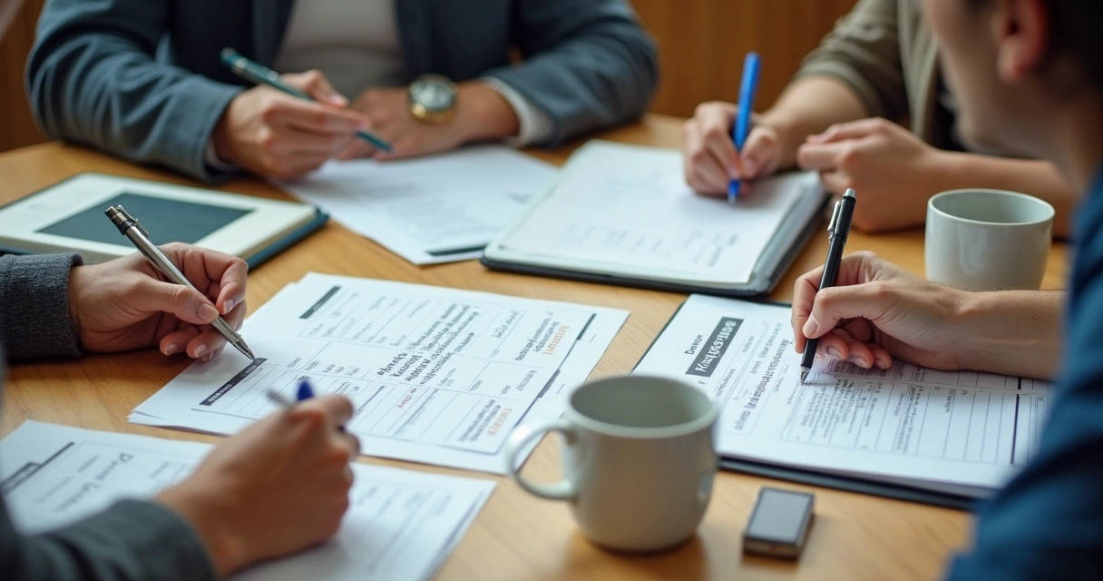 Manos de varias personas tomando notas sobre cultura organizacional. 