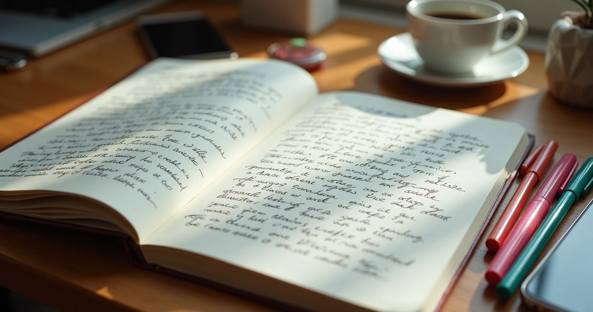 Cuaderno abierto con notas escritas sobre emociones, rodeado de objetos cotidianos