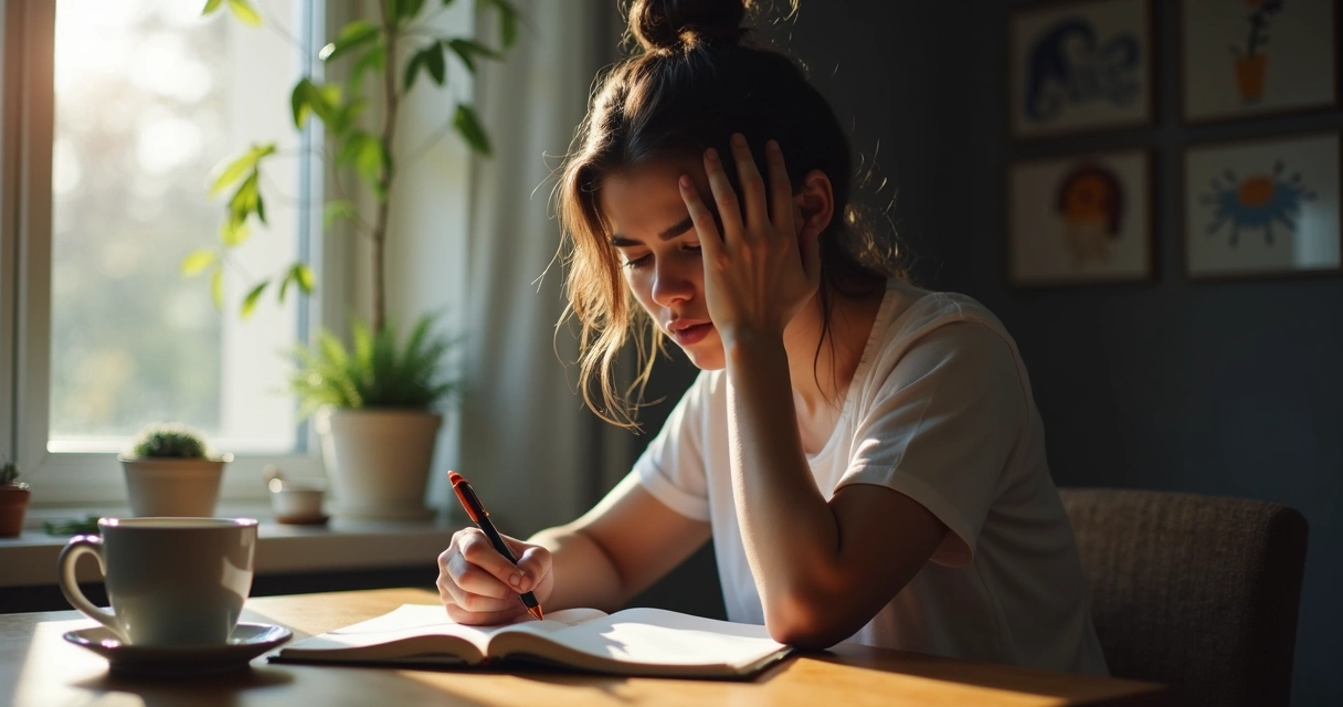 Persona reflexionando con un cuaderno sobre emociones 