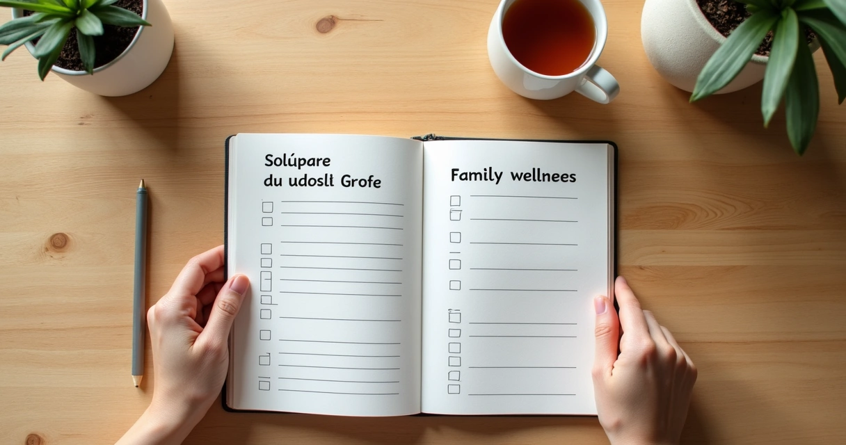 Cuaderno con evaluación familiar y lápiz sobre mesa 