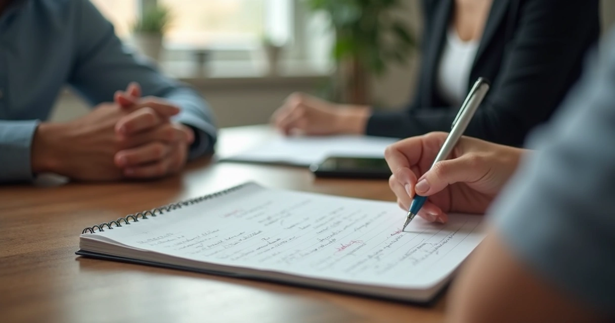 Persona escribiendo notas durante una conversación de evaluación humana 