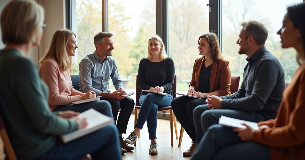 Grupo de personas en círculo, compartiendo y evaluando juntos sobre madurez consciente. 