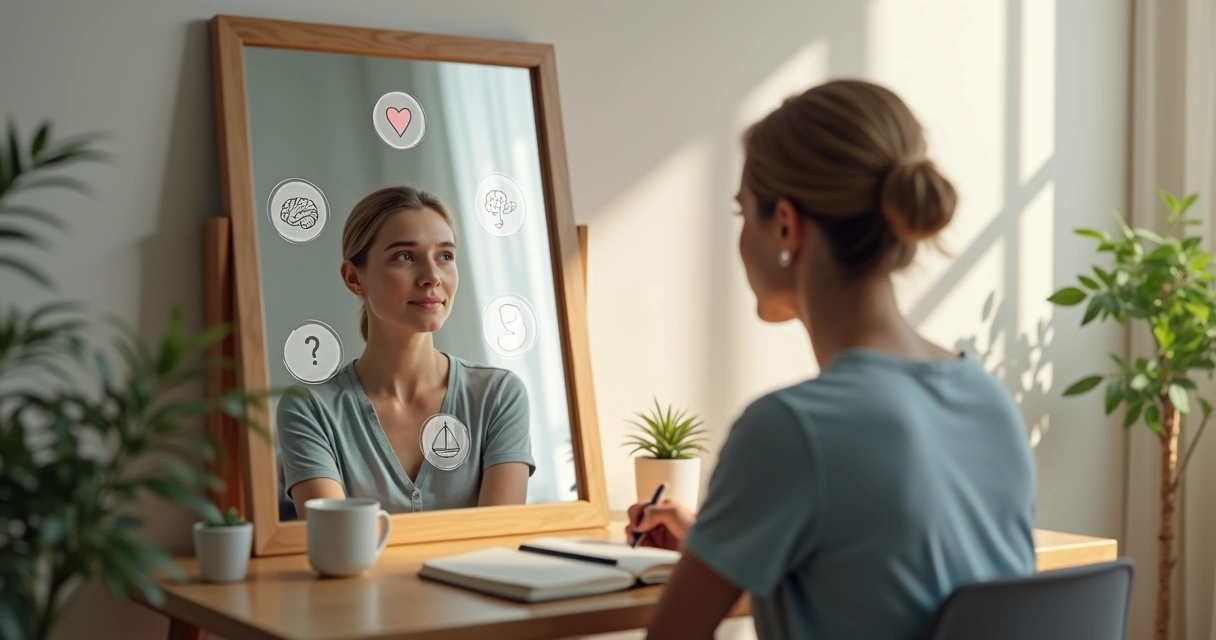 Persona reflexionando frente a un espejo con iconos de emociones y pensamiento alrededor 