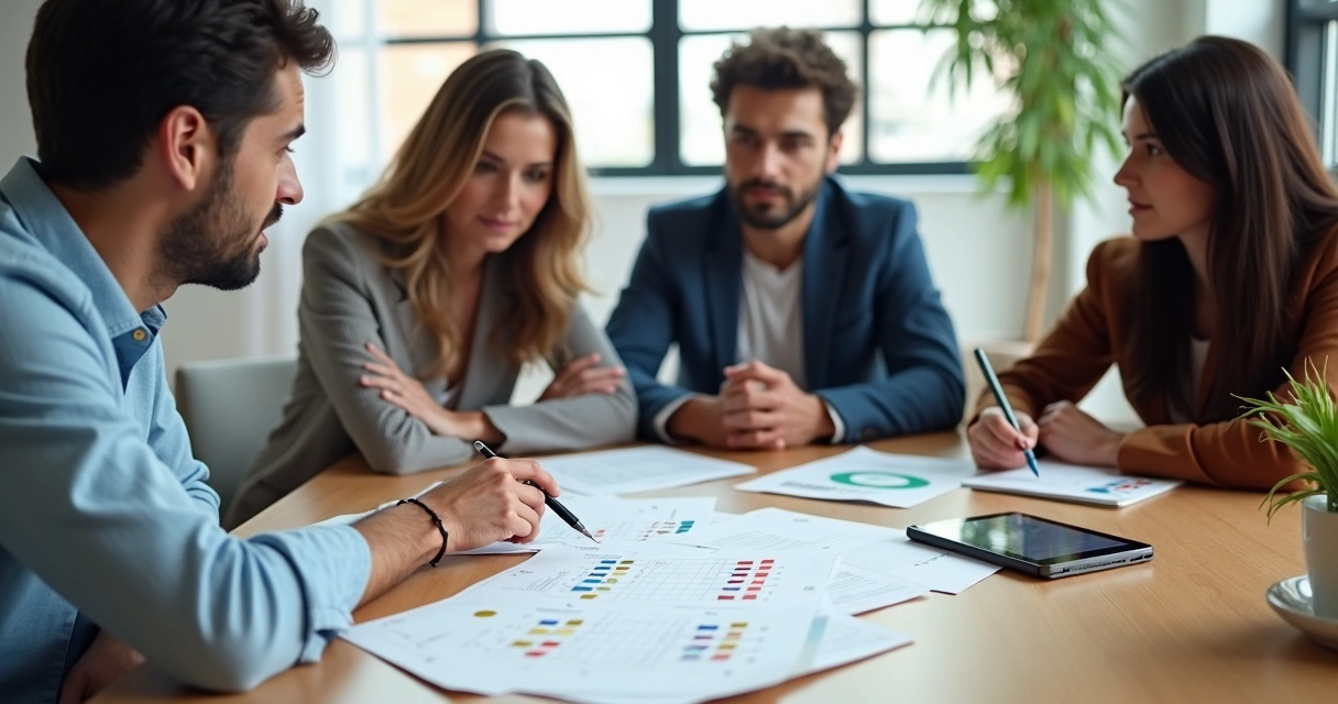 Equipo diverso evaluando la madurez ética de un proyecto social en una mesa de trabajo 