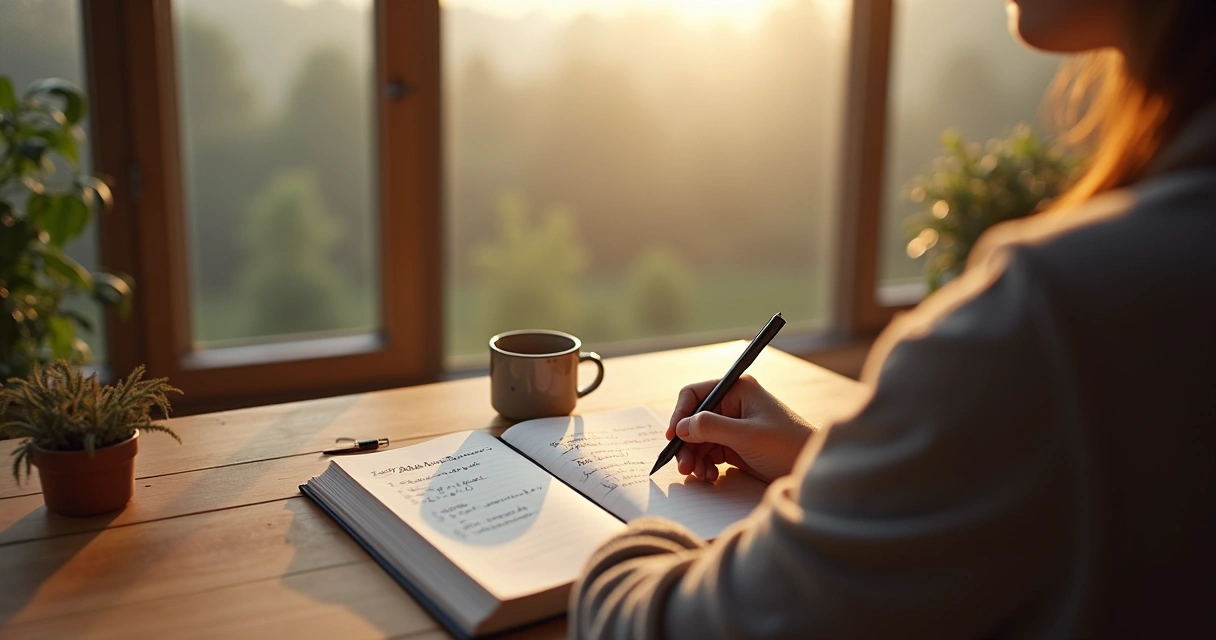 Persona reflexionando frente a un cuaderno con metas escritas y un bosque al fondo 