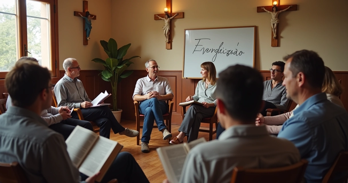 Grupo católico em círculo estudando evangelização 