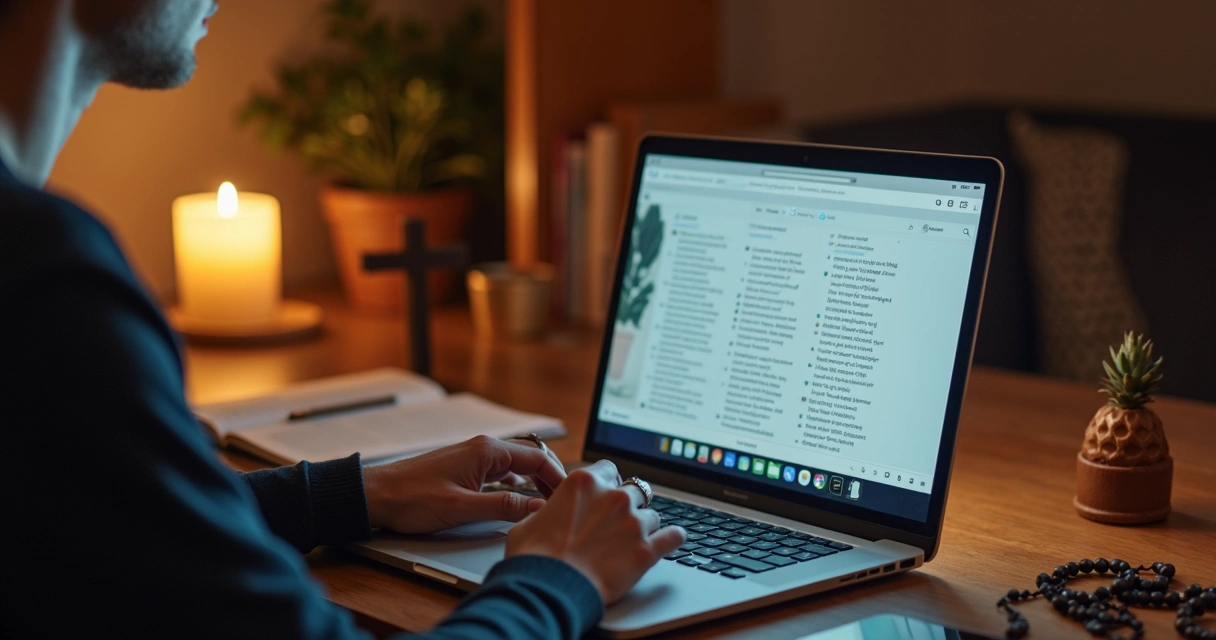 Pessoa católica usando computador para evangelizar online 