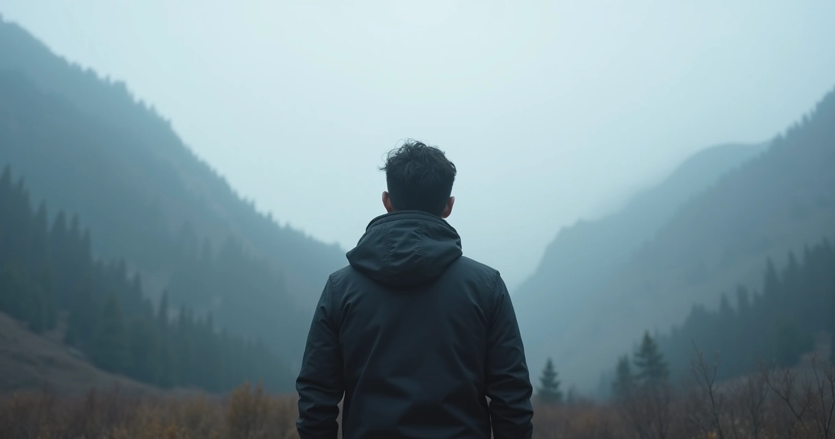 Persona de espaldas mirando al horizonte en un entorno natural con niebla, transmitiendo aislamiento 