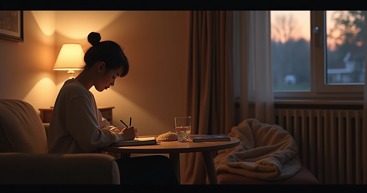 Person journaling in a calm evening living room