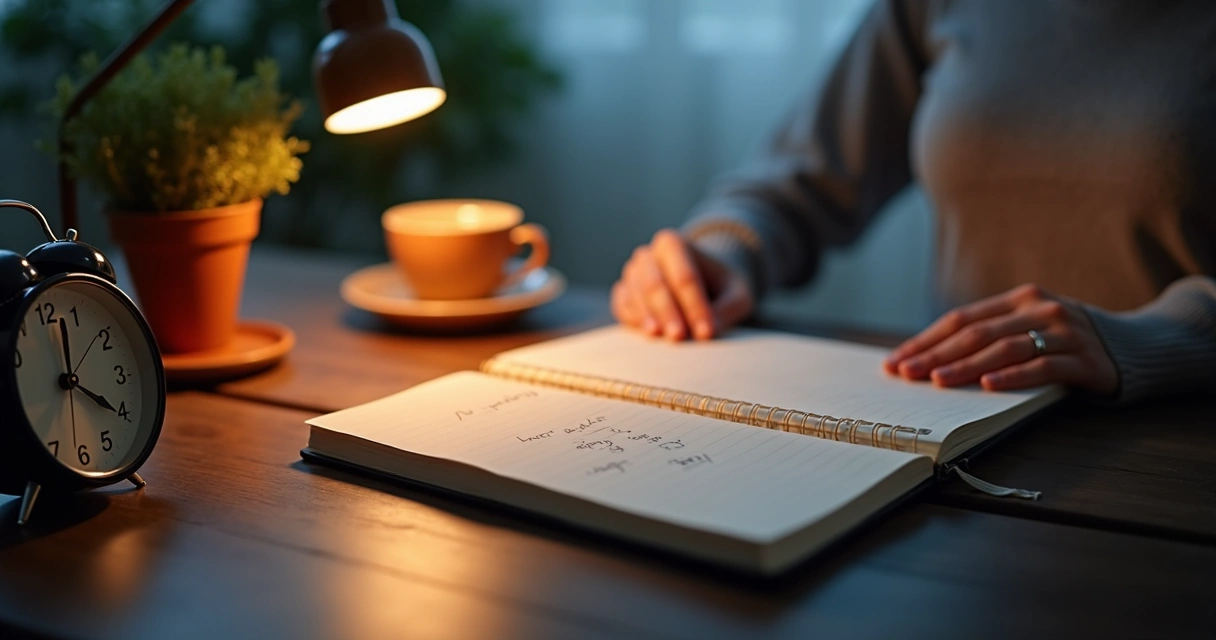 Notebook beside a clock and cup during evening breathing practice