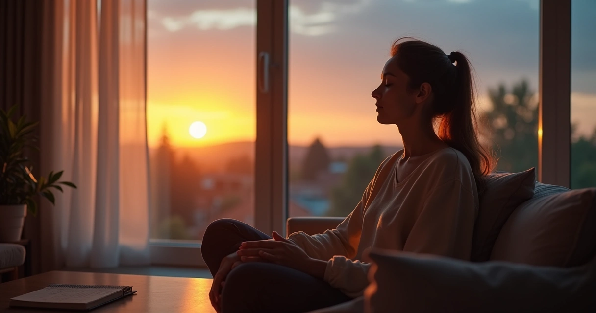 Person sitting quietly on sofa at sunset