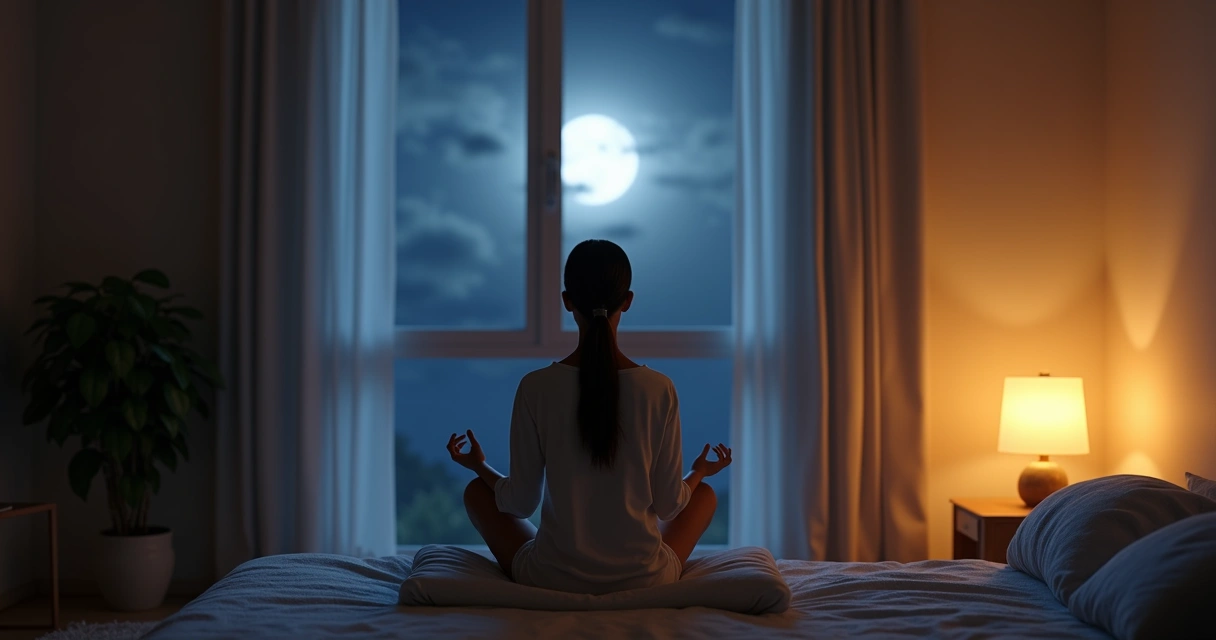 Person sitting near a window breathing quietly at night 