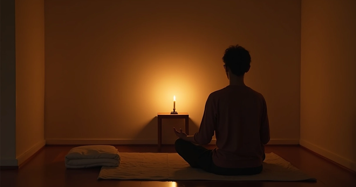 Candlelit breathing ritual in a quiet evening room 