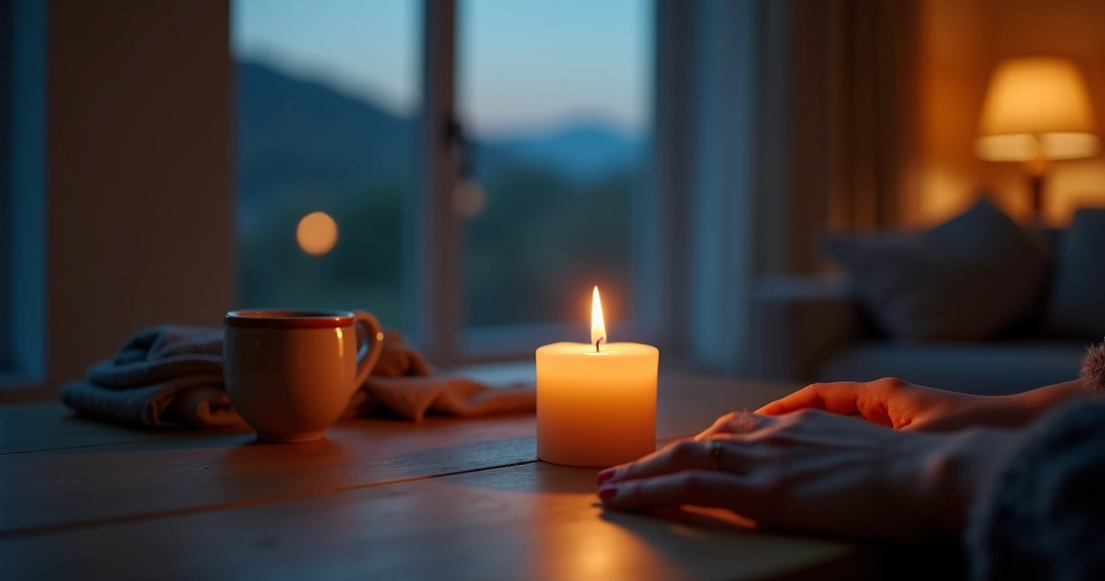 Lit candle on a table during a quiet evening pause