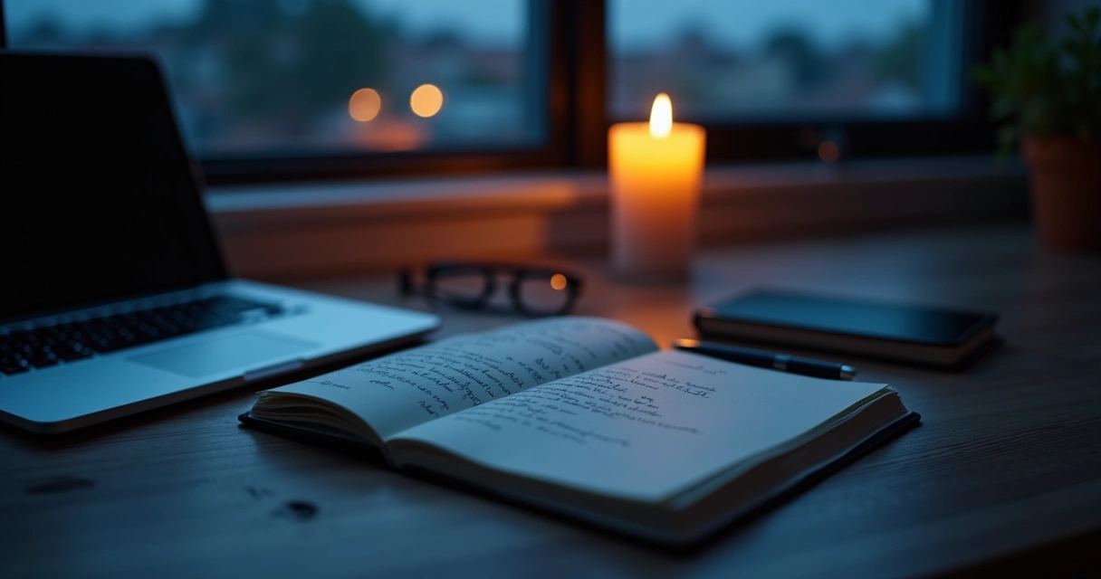 Notebook and candle on a quiet evening desk
