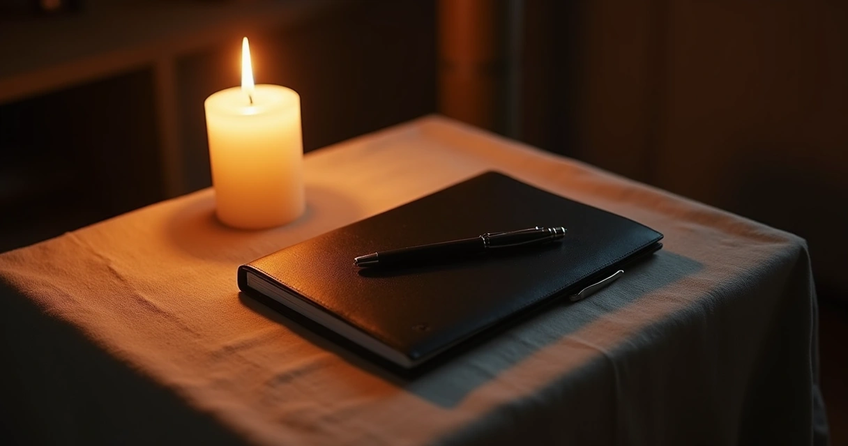 Candle and closed notebook on a quiet evening table