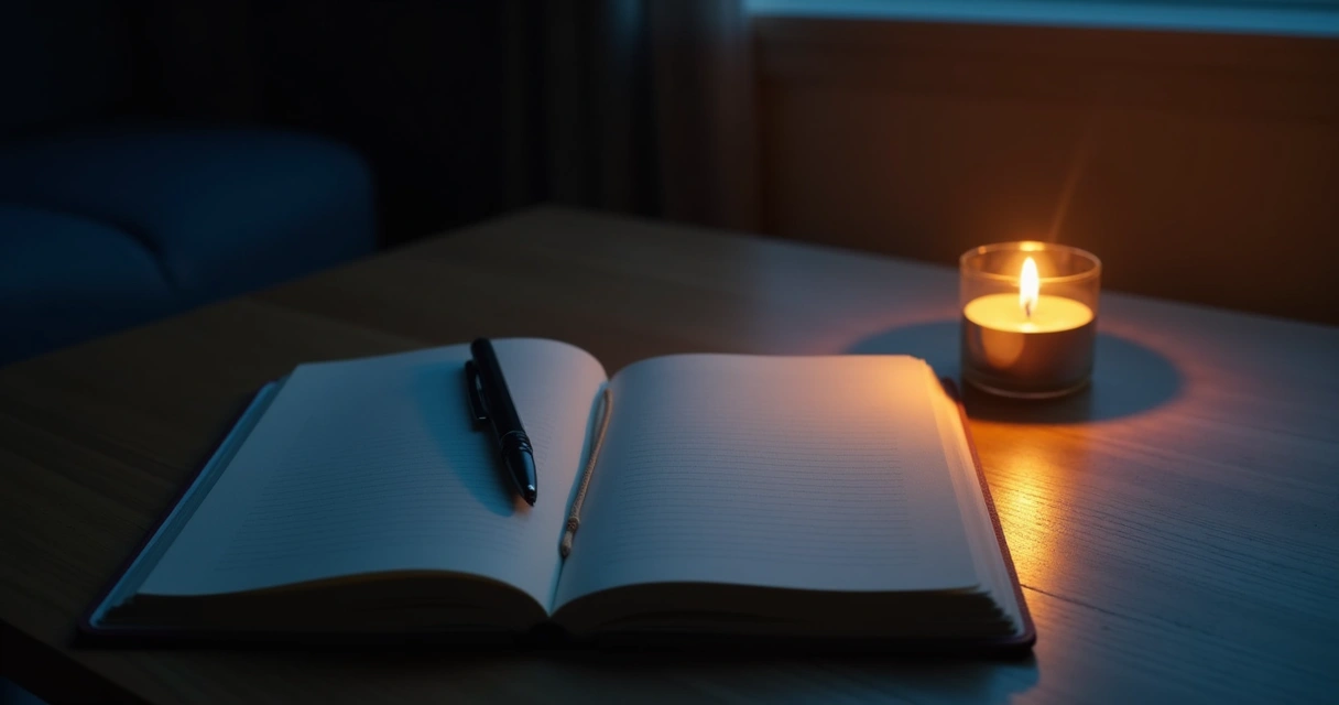 Notebook and candle during a quiet evening reflection
