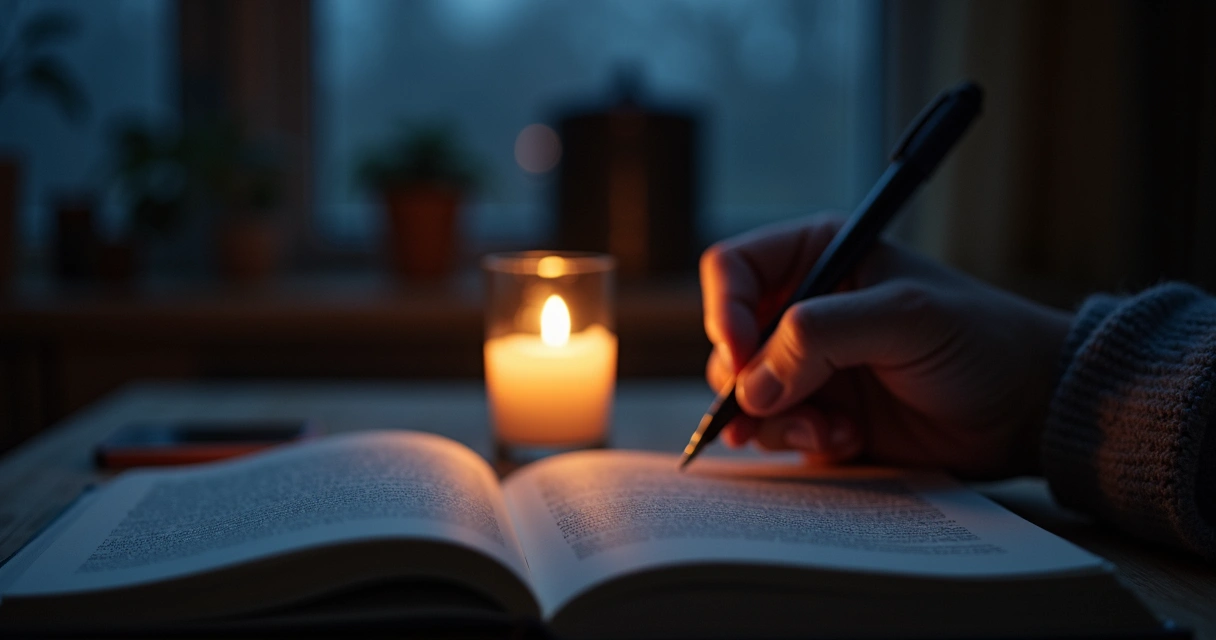 Desk with candle and journal during evening reflection 