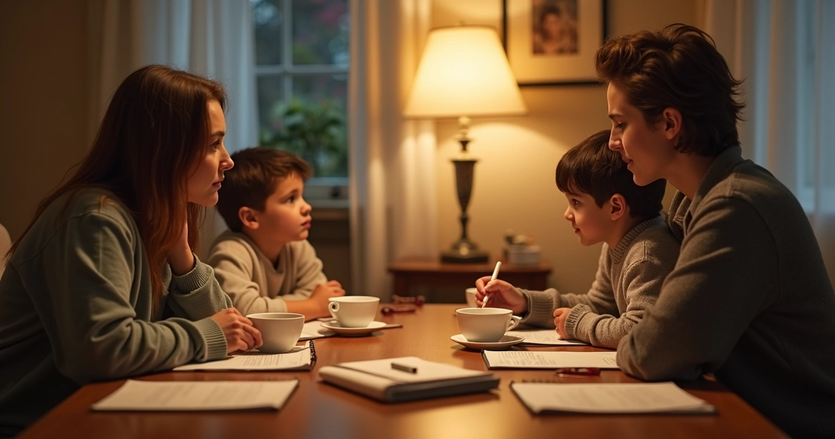 Family doing a calm evening emotional check-in at the table