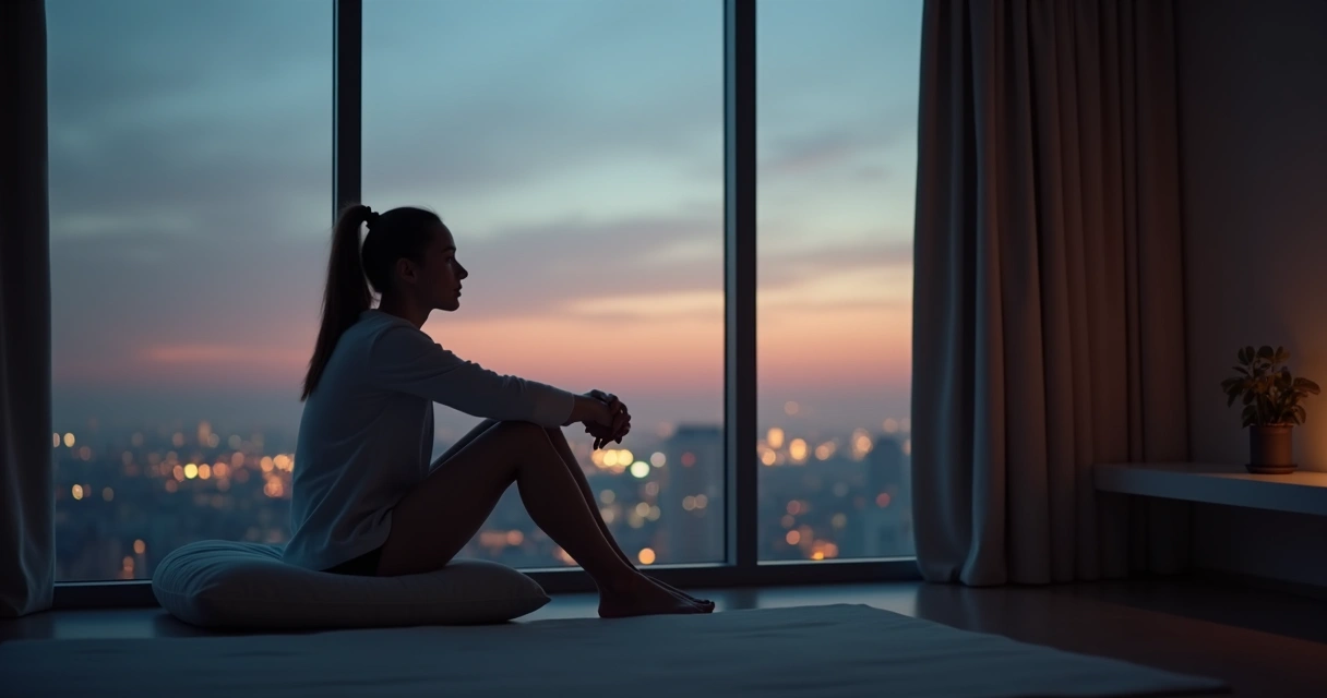 Person sitting quietly by window with soft evening light 