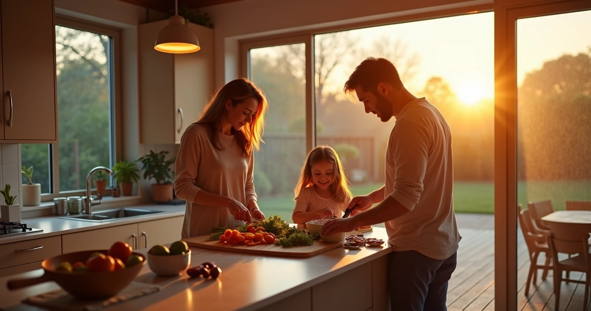 Family of three preparing dinner together in kitchen 