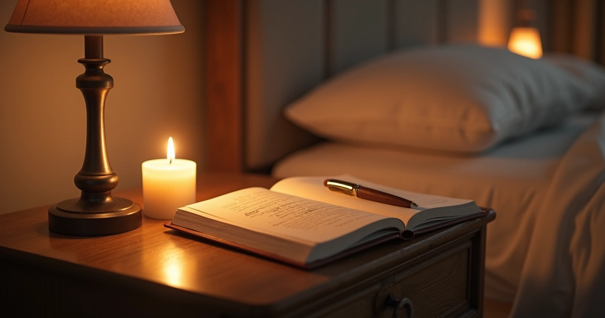 Lit candle on a nightstand beside a gratitude journal and pen