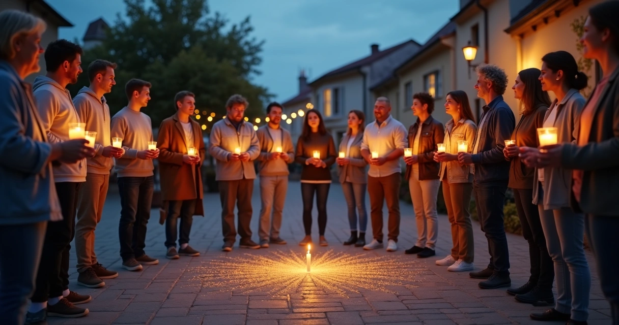 Group sharing gratitude in a town square at dusk 