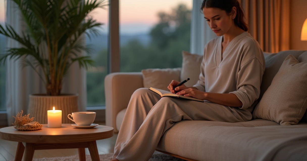 Person journaling on a couch with candle and tea in a calm living room 