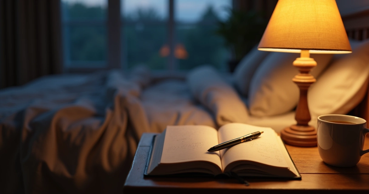 Open journal beside a warm bedside lamp at night