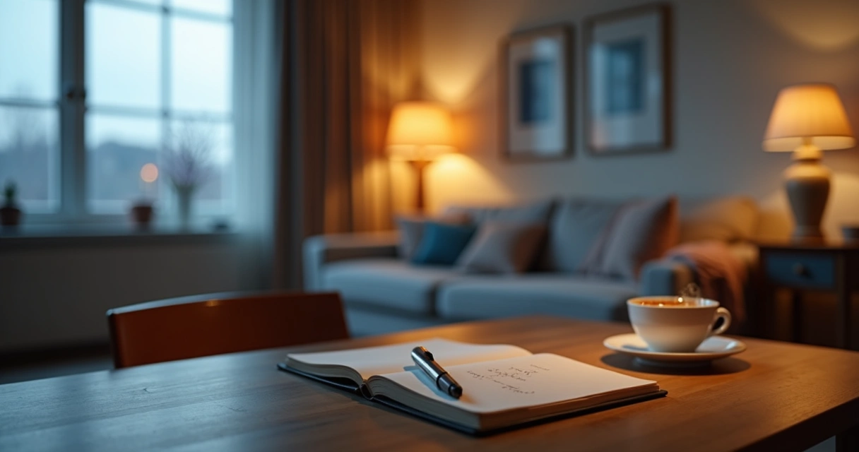 Notebook, tea, and calm room for emotional reflection