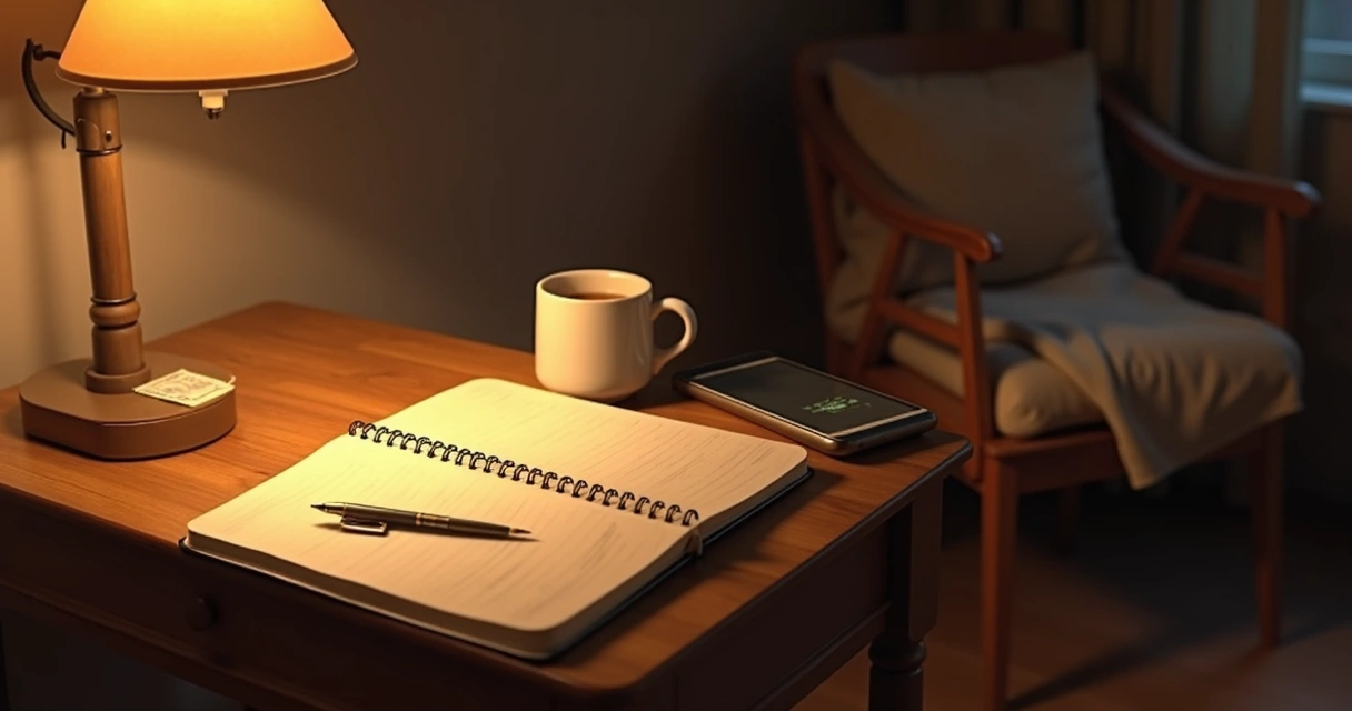 Notebook and warm lamp on a quiet evening desk 