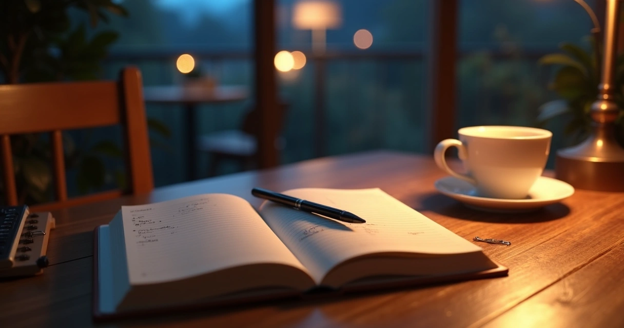 Notebook and tea during evening reflection ritual 